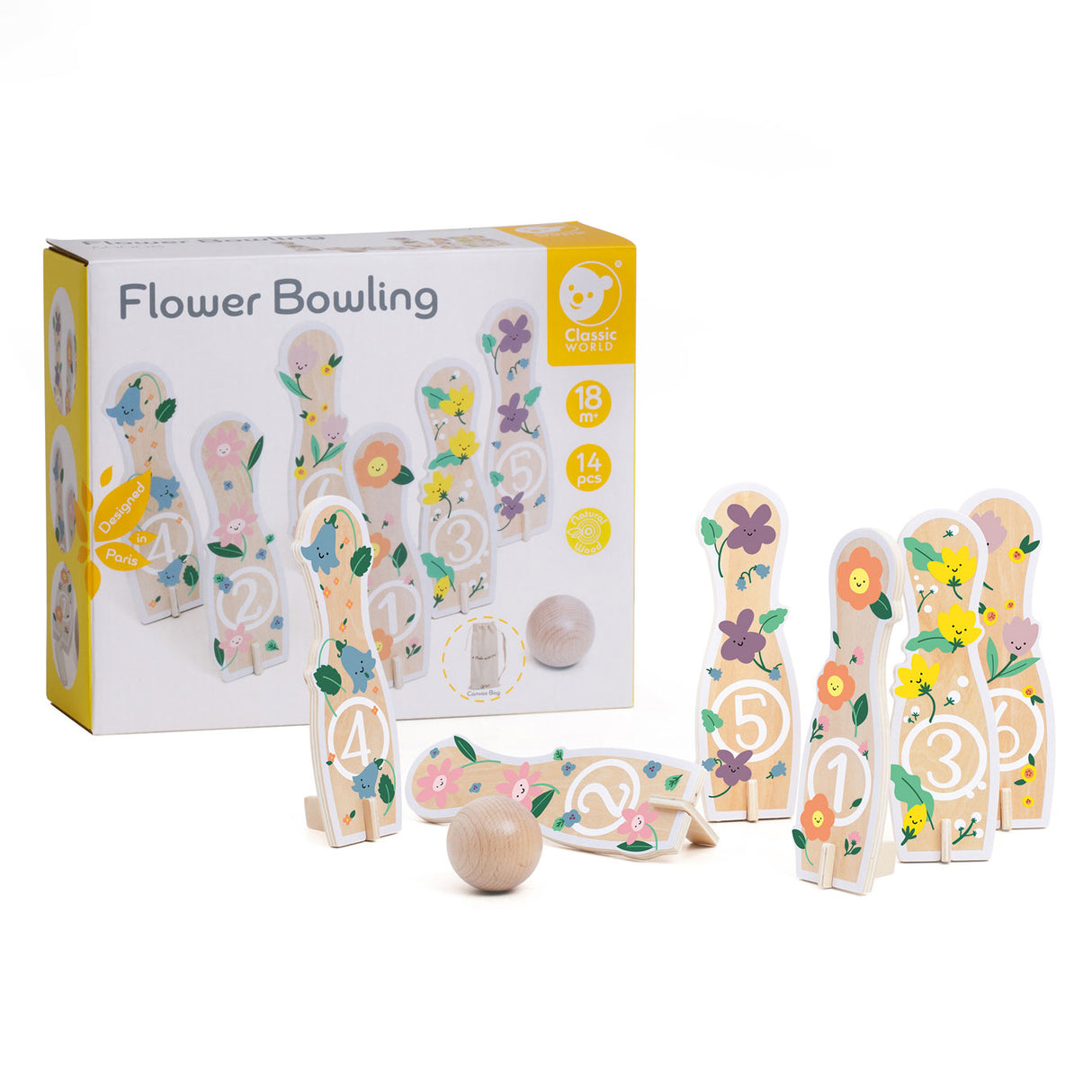 Classic world houten bowlingset bloemen, 14dlg,