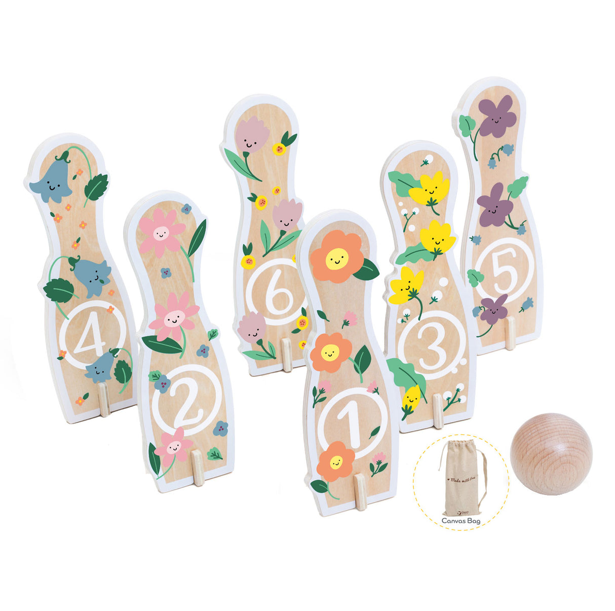 Classic world houten bowlingset bloemen, 14dlg,