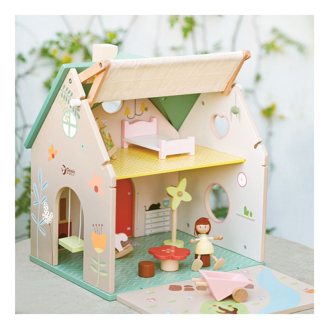 Classic world houten poppenhuisje met tuintje, 10dlg.