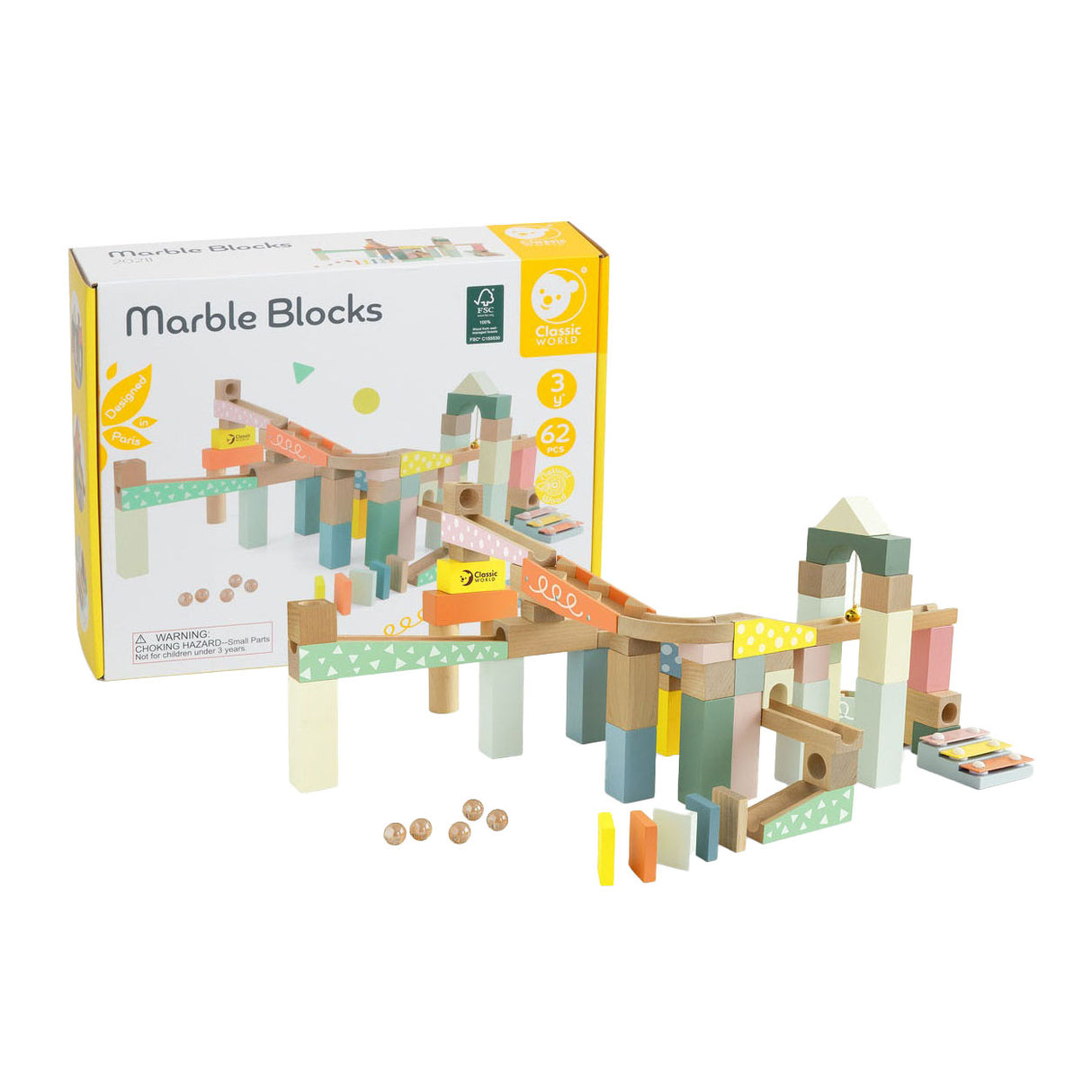 Classic world houten knikkerbaan bouwset, 62dlg.