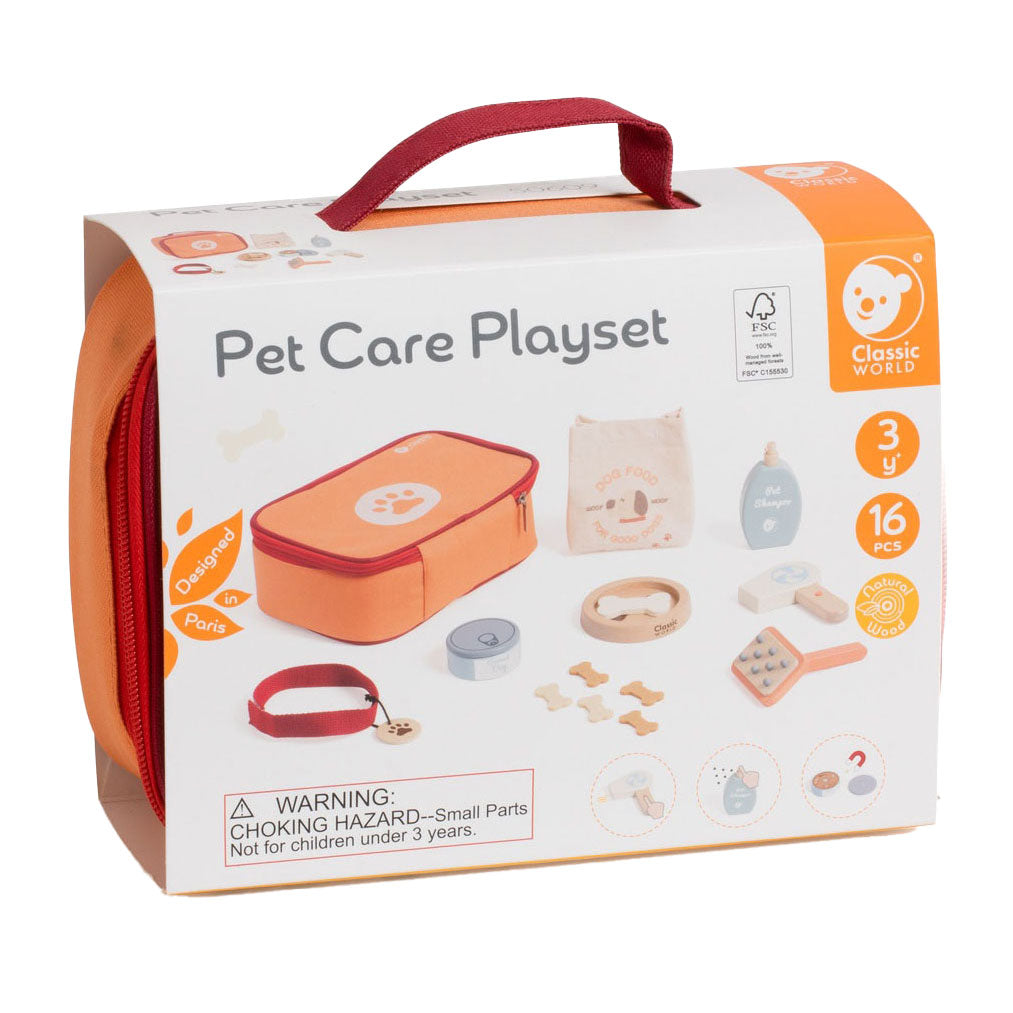 Classic world houten dieren verzorgen speelset in tas, 16dlg.