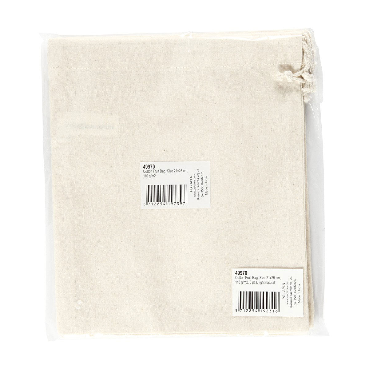 Creativ company stoffen tas, afm 21x25 cm, 110 gr, licht naturel, 5 stuk 1 doos