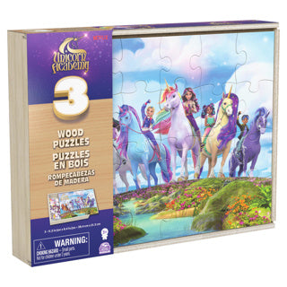 Unicorn academy 3pack houten puzzel in houten doos (3x24 stukjes)