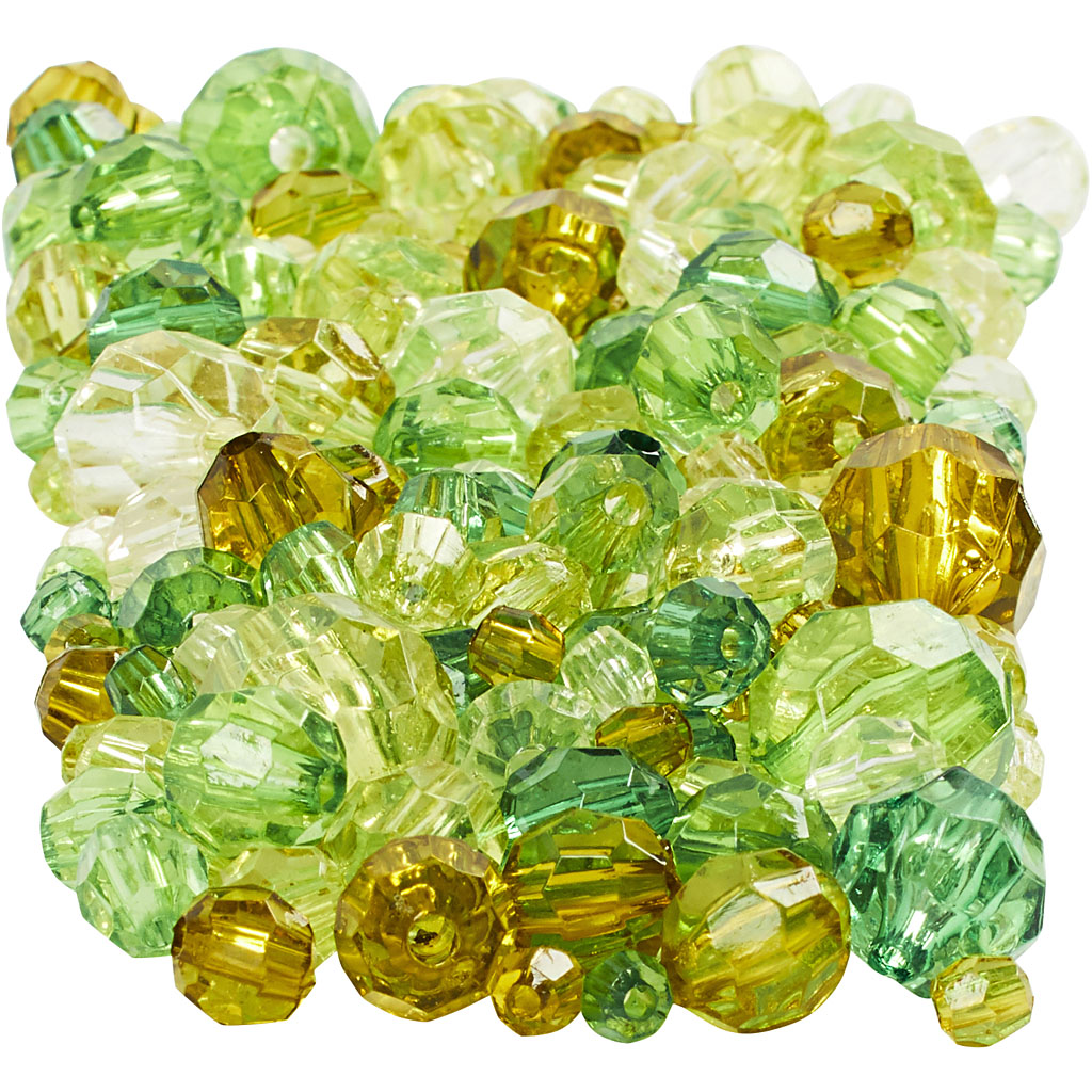 Creativ company facet kralen, afm 4-12 mm, gatgrootte 1-2,5 mm, ca. 860 stuk, groen glitter, 250 gr 1 doos