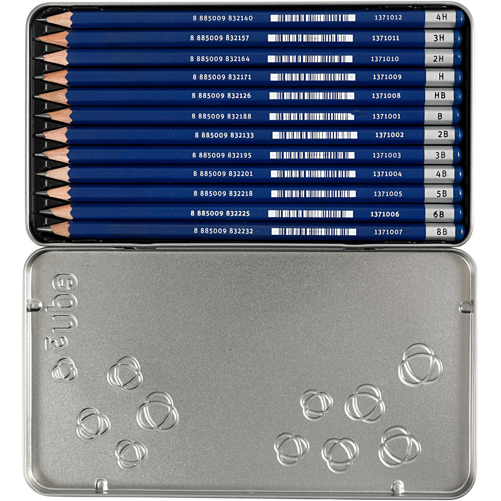 Edu3 edu tekenpotlood, b,2b,4b,5b,6b,8b,9b,hb,h,2h,3h,4h, 12 stuk 1 doos
