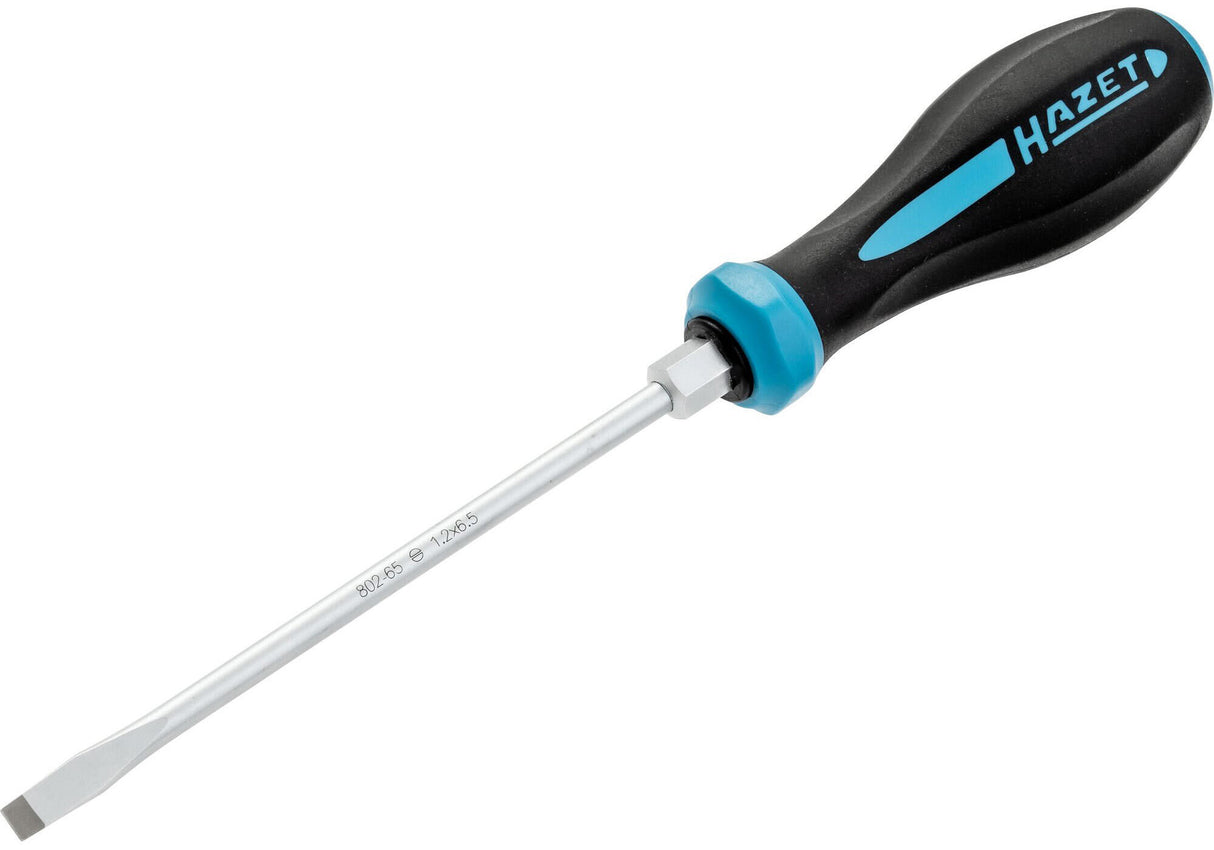 HAZET screwdriver "HEXAnamic 802" slot, round blade, non-slip 3-component grip, with grey coated tips, chromed surface, resistant against fuel, acids, Skydrol, brake fluid etc., norms: ISO 2380-1:2004, ISO 2380-2:2004