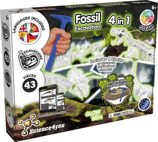 Science 4 you fossielen uithakken 4 in 1 set glow in the dark