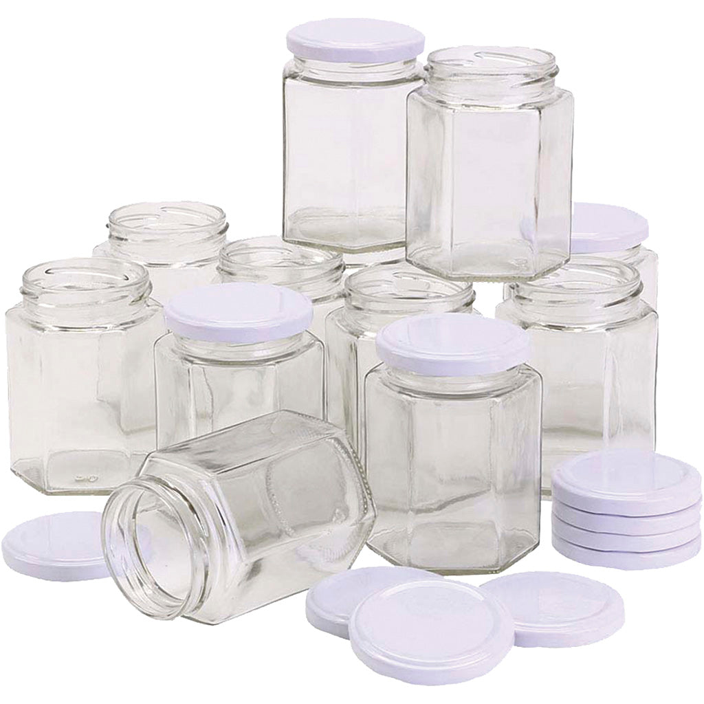 Creativ company zeshoekige glazen pot, h: 8 cm, d 7 cm, 180 ml, 12 stuk 1 doos