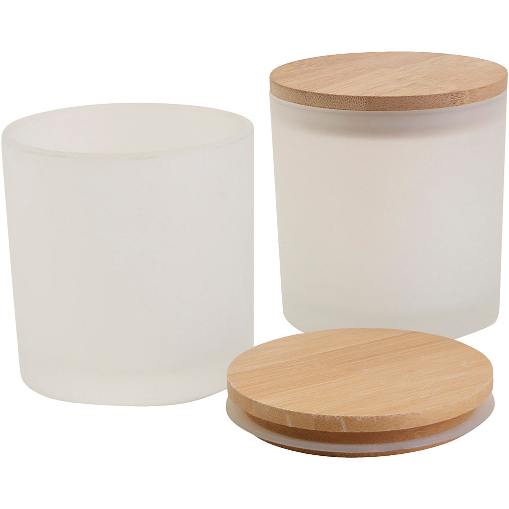 Glazen potten met houten deksels, h: 9 cm, d 8 cm, afm 8 cm, 315 ml, 12 stuk 1 doos