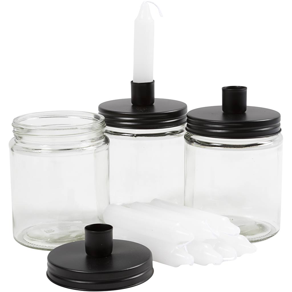 Potje met kandelaar en kaarsen, h: 15 cm, d 9,5 cm, afm 15 cm, 6 set 1 doos