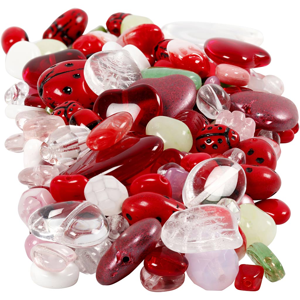 Creativ company glazen kralen, lieveheersbeestje, bladeren, harten, d 5-22 mm, gatgrootte 0,5-1,5 mm, diverse kleuren, 350 gr 1 doos