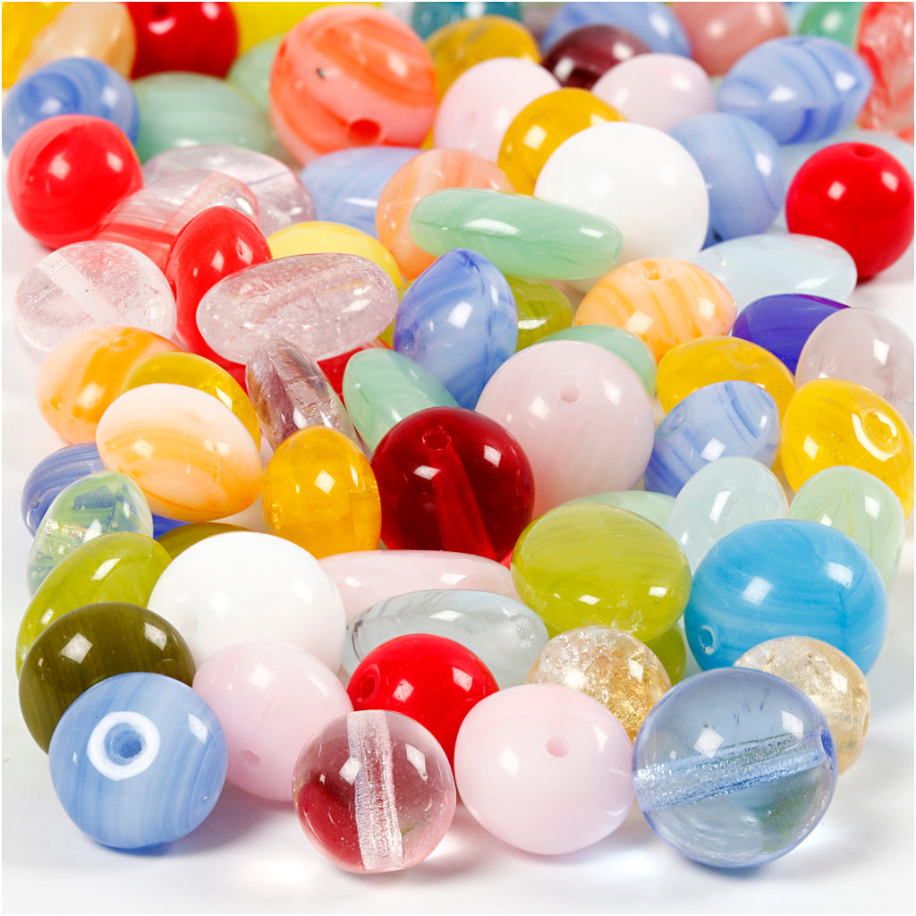 Creativ company glazen kralen, rond, ovaal, cirkel, d 6-13 mm, gatgrootte 0,5-1,5 mm, diverse kleuren, 60 gr 1 doos