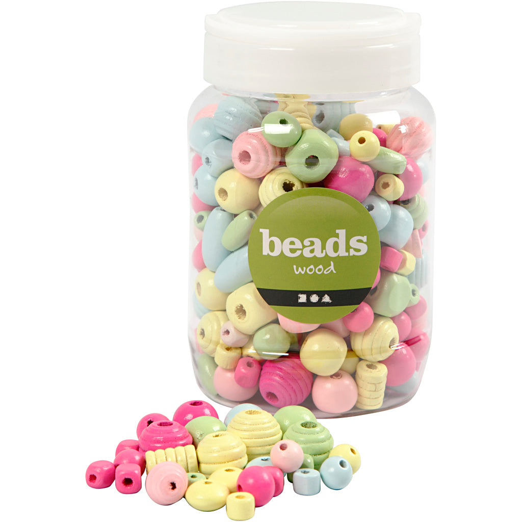 Creativ company houten kralen, d 10-15 mm, gatgrootte 3-5 mm, lichtblauw, lichtgroen, lichtrood, lichtgeel, 400 ml 1 emmer