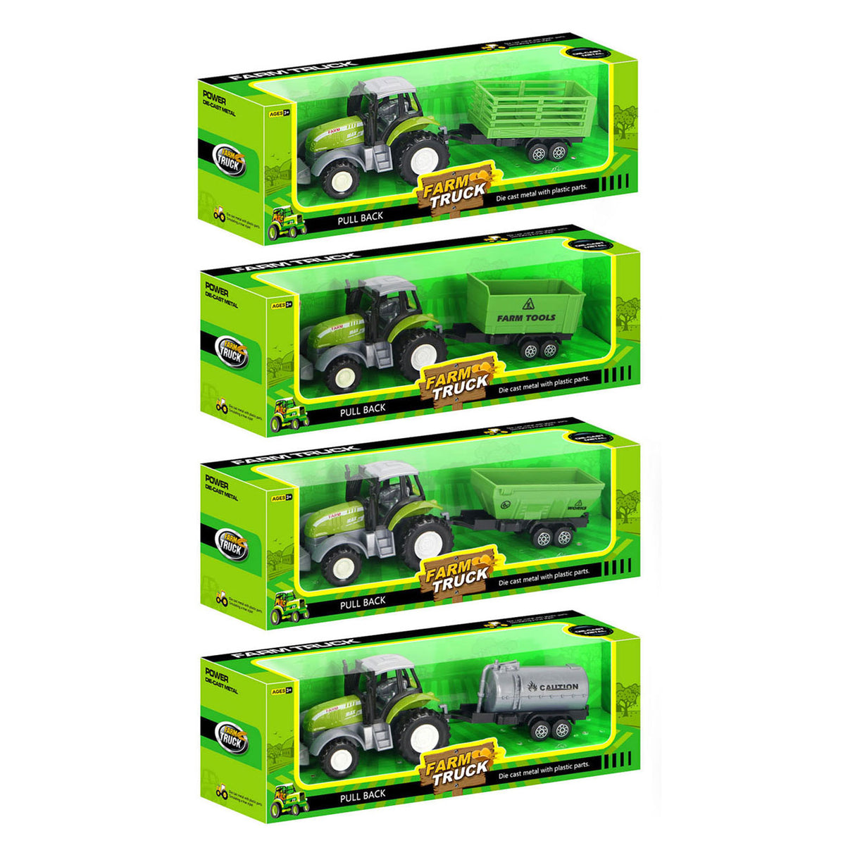 Die-cast groene trekker met aanhanger en pull-backfunctie