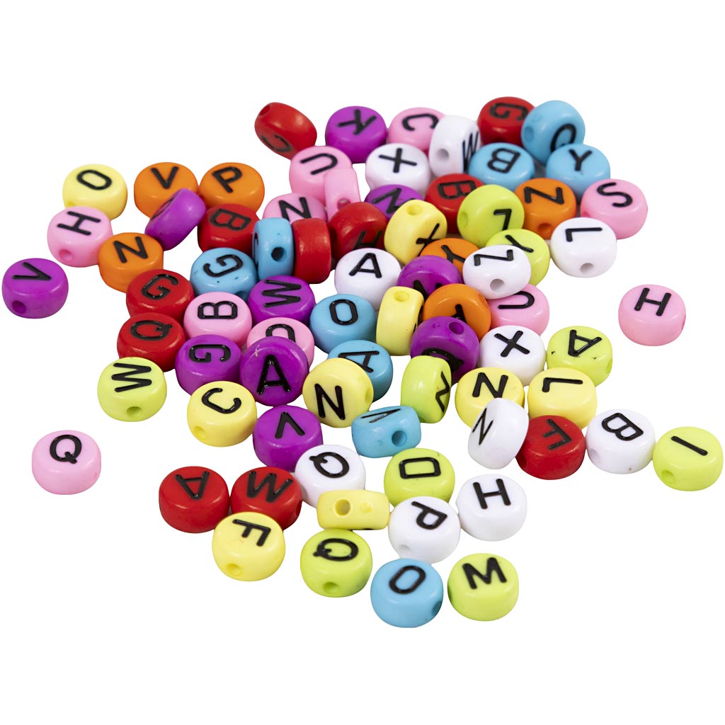 Creativ company ronde letterkralen, d 7 mm, gatgrootte 1-2 mm, ca. 200 stuk, diverse kleuren, 25 gr 1 doos