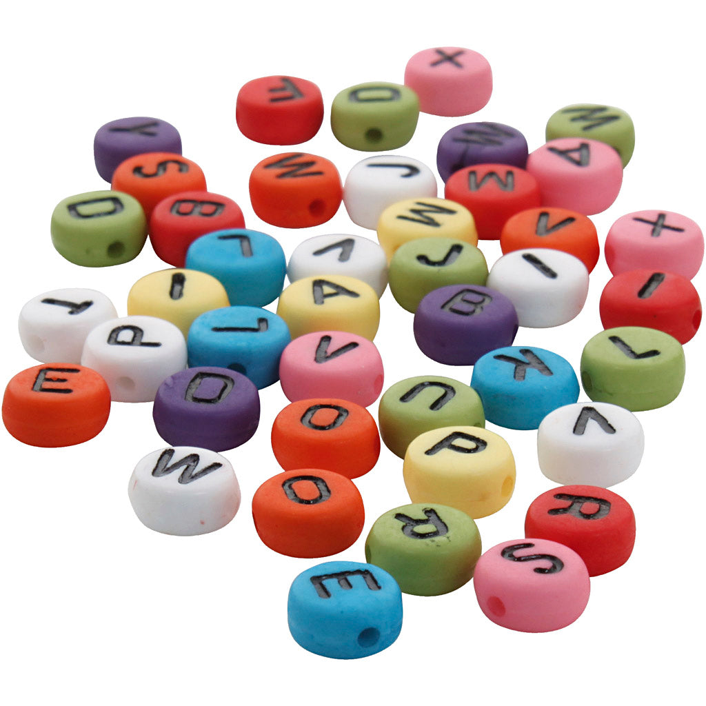 Ronde letterkralen, d 7 mm, gatgrootte 1-2 mm, dikte 4 mm, diverse kleuren, 500 gr 1 doos