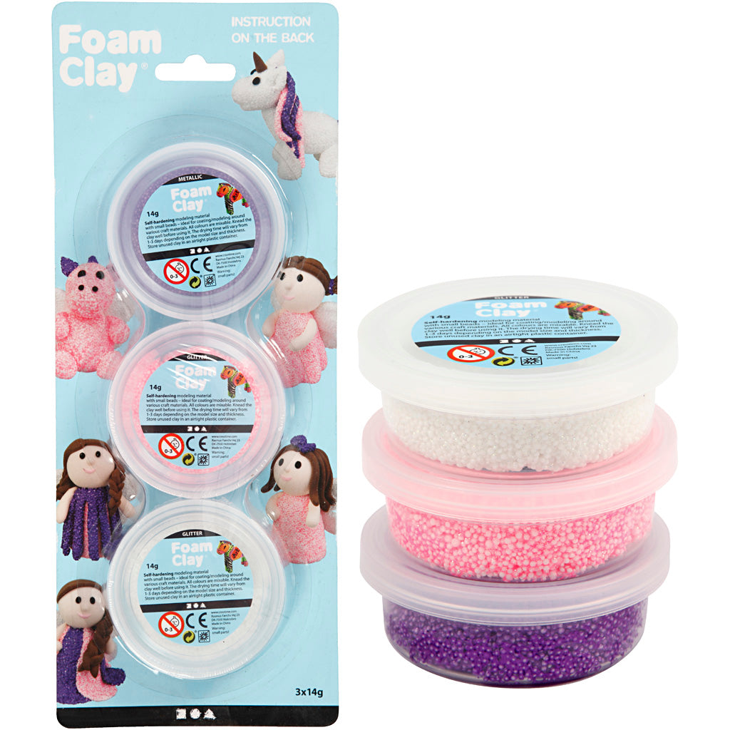 Foam clay ®, glitter,metallic, roze, paars, wit, 3x14 gr 1 doos