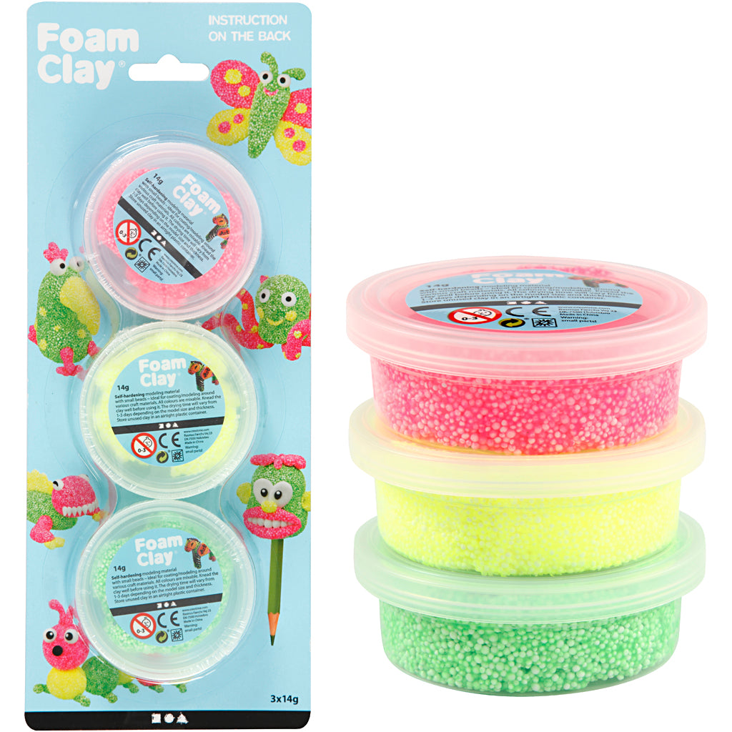 Foam clay ®, lichtgroen, neon roze, neon geel, 3x14 gr 1 doos