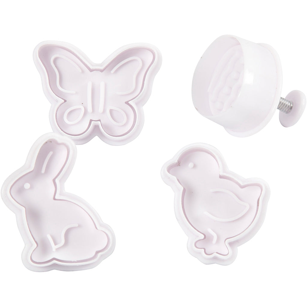 Creativ company uitsteekvormen met stempel, paasei, haas, kip, vlinder, h: 5 cm, wit, 4 stuk 1 doos