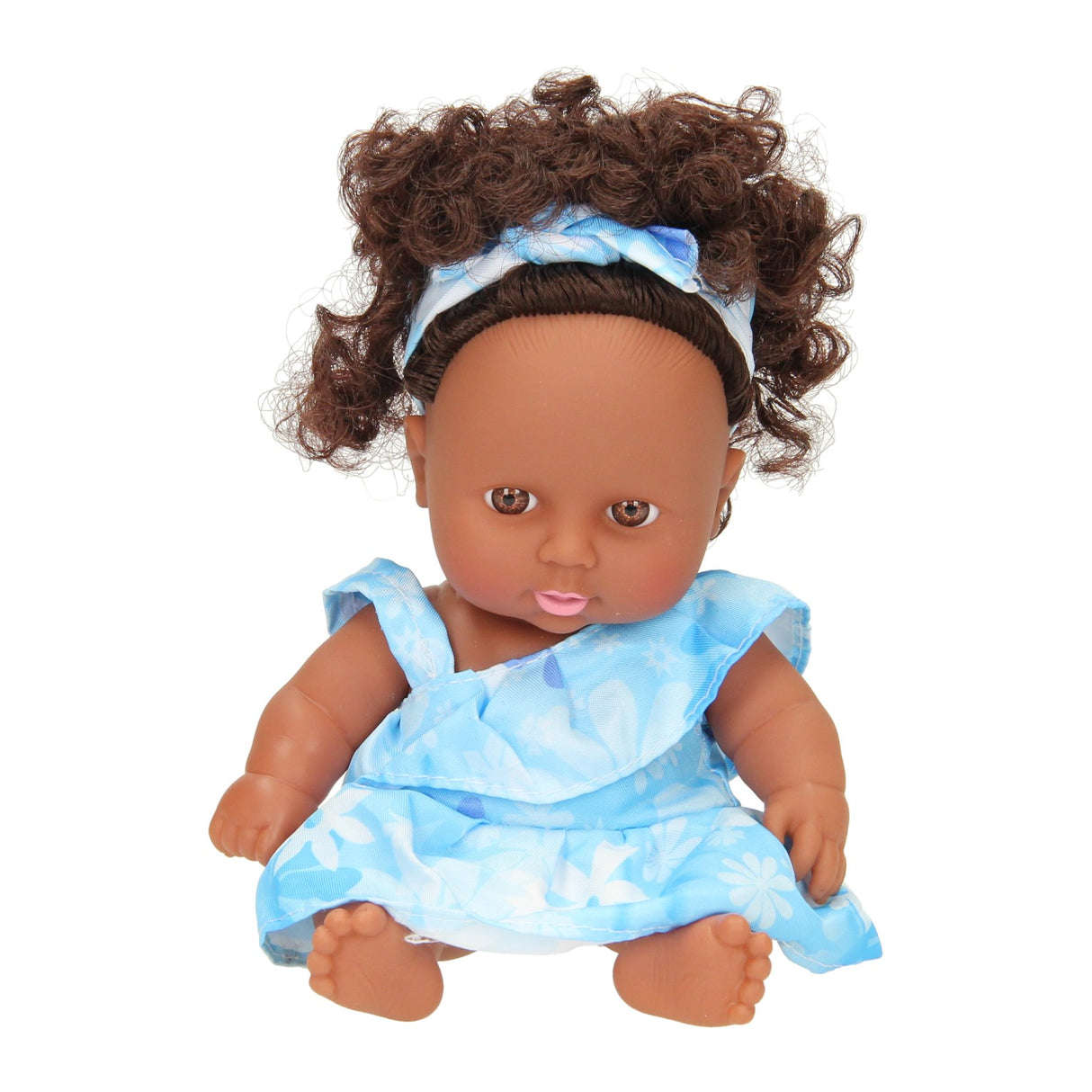 Babypop krullen met jurk, 22cm