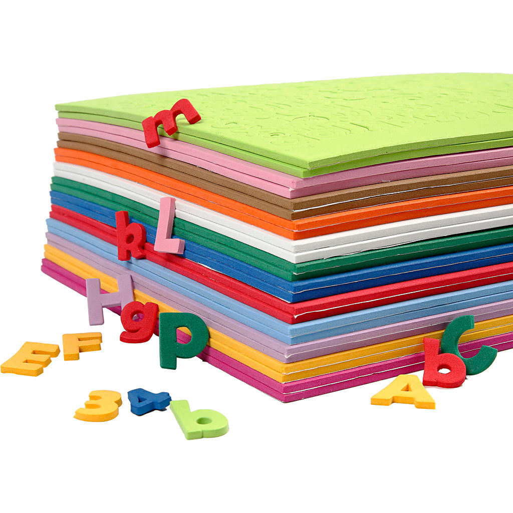 Creativ company eva foam cijfers letters, h: 20 mm, dikte 3 mm, diverse kleuren, 24 div vellen 1 doos