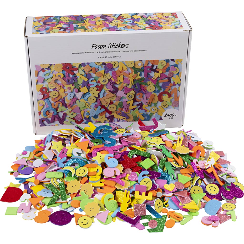 Creativ company foam stickers, emoji's, geometrische vormen, letters en cijfers, zelfklevend, afm 10-40 mm, ca. 2460 div, diverse kleuren, 2640 stuk 1 doos