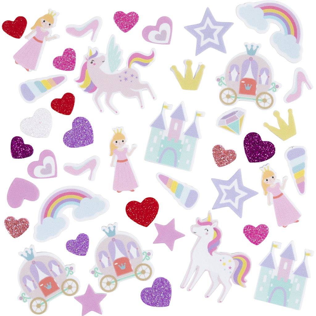 Creativ company foam stickers, hart, prinses, eenhoorn, zelfklevend, afm 13-50 mm, paars roze harmonie, 150 stuk 1 doos