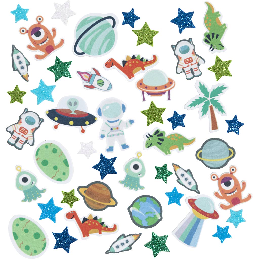 Creativ company foam stickers, ster, ufo, dinosaurus, zelfklevend, afm 13-40 mm, blauw grijs harmonie, 150 stuk 1 doos