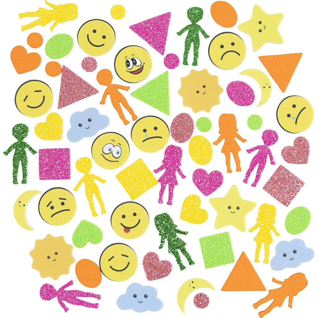 Creativ company foam stickers, geometrie, mensen, weer, smileys, zelfklevend, afm 10-40 mm, kleurrijk, 175 stuk 1 doos
