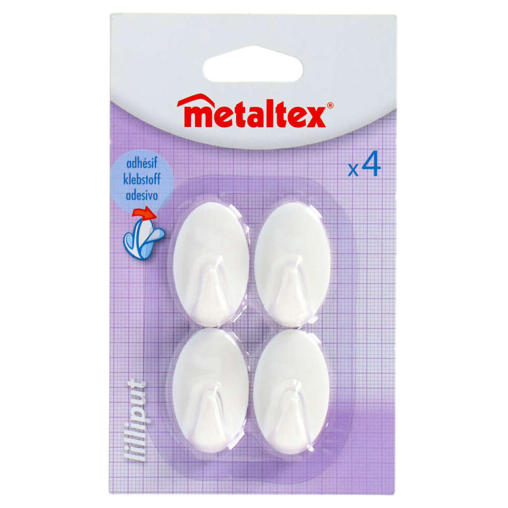Metaltex ovalen plakhaken klein 4 stuks wit