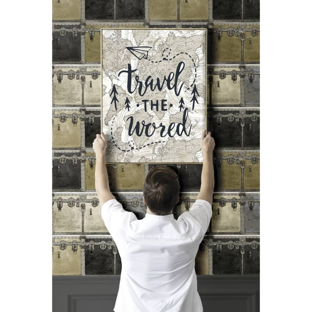 Noordwand behang friends coffee boxes and locks metallic en beige