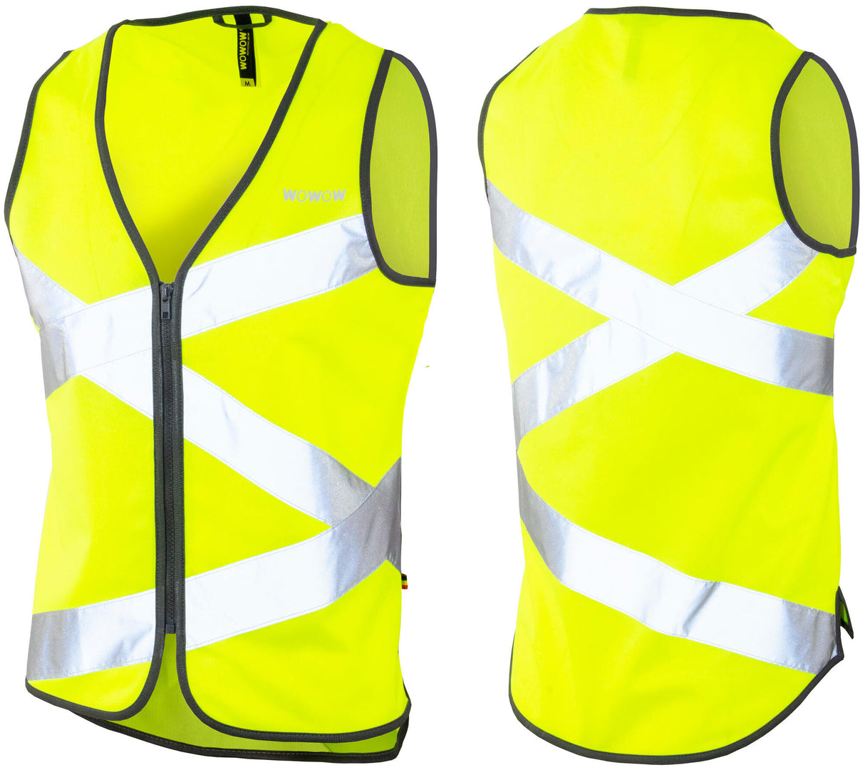 WOWOW reflective vest "Crossroad"self-service package, printed reflective surfaces, fluorescent yellowWith zipper, inner pocket, longer back, oop for multilight, certified after EN 1150
