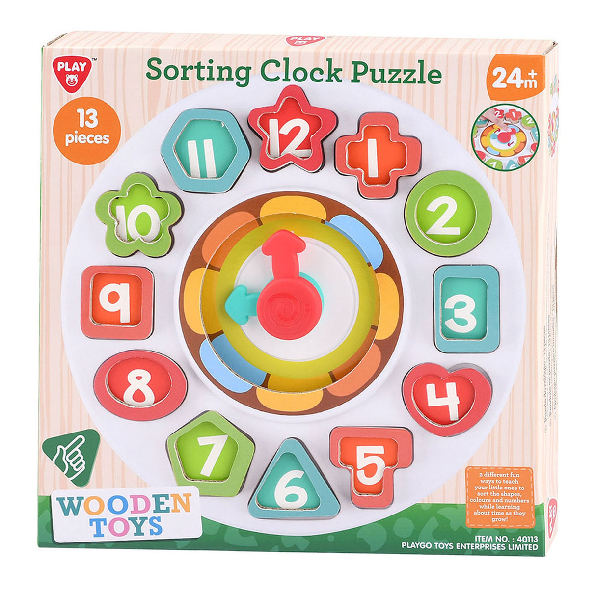 Play houten sorteer vormen - en leerklok , 13dlg.