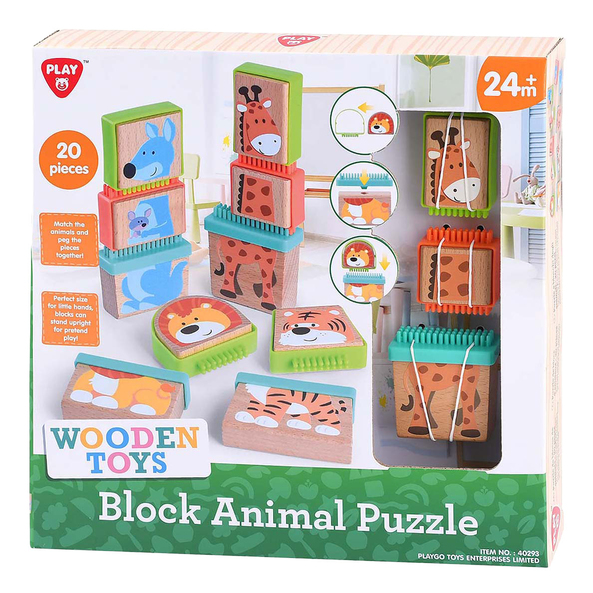 Play houten blokpuzzel dieren, 20dlg.