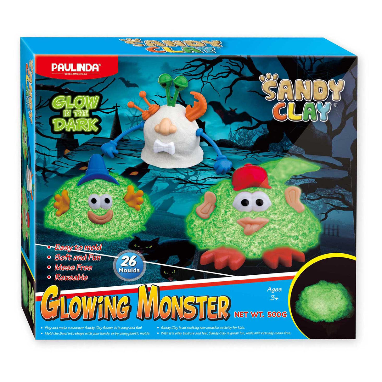 Paulinda glow in the dark speelzand glowing monsters, 500gr.
