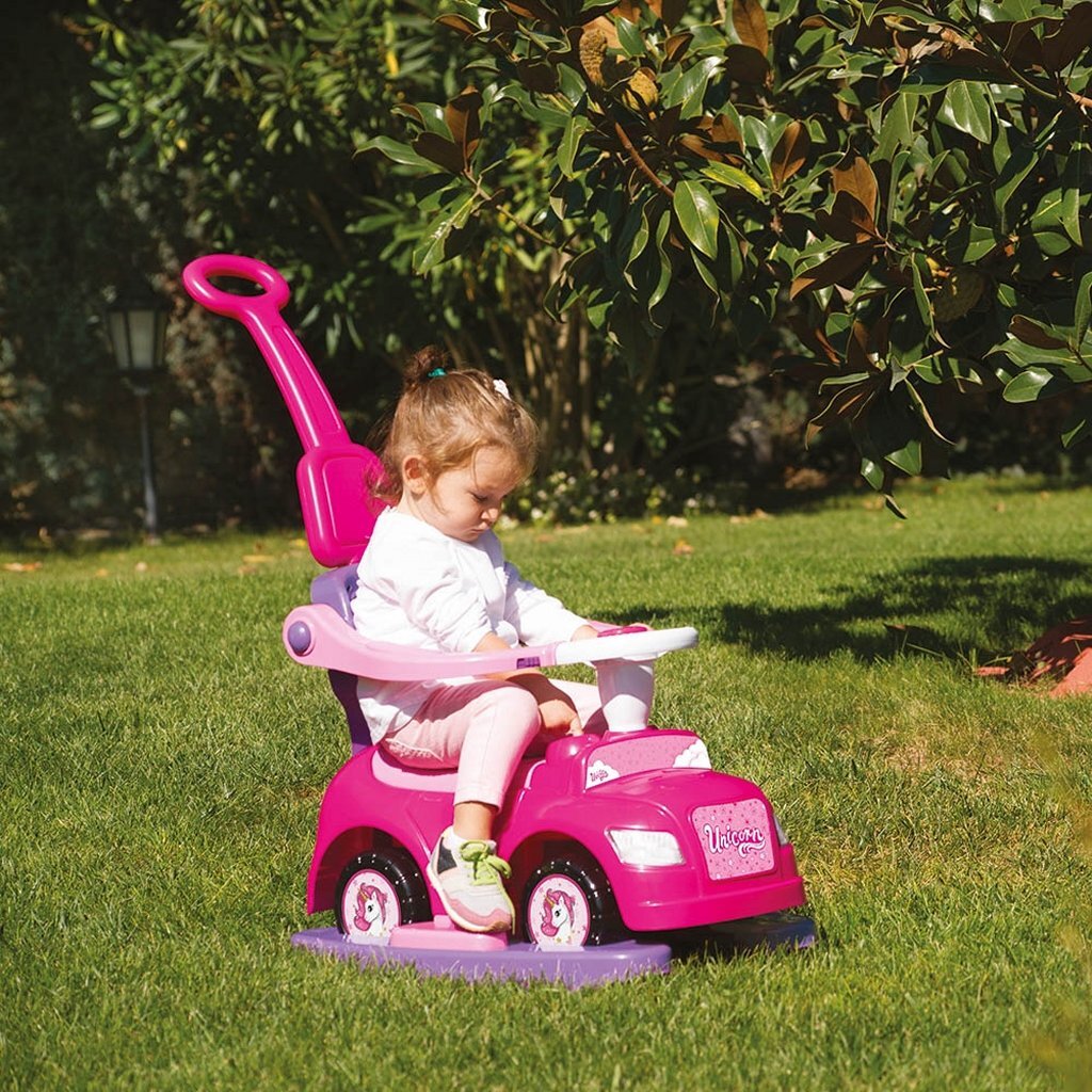 Dolu eenhoorn loopauto met duwstang roze