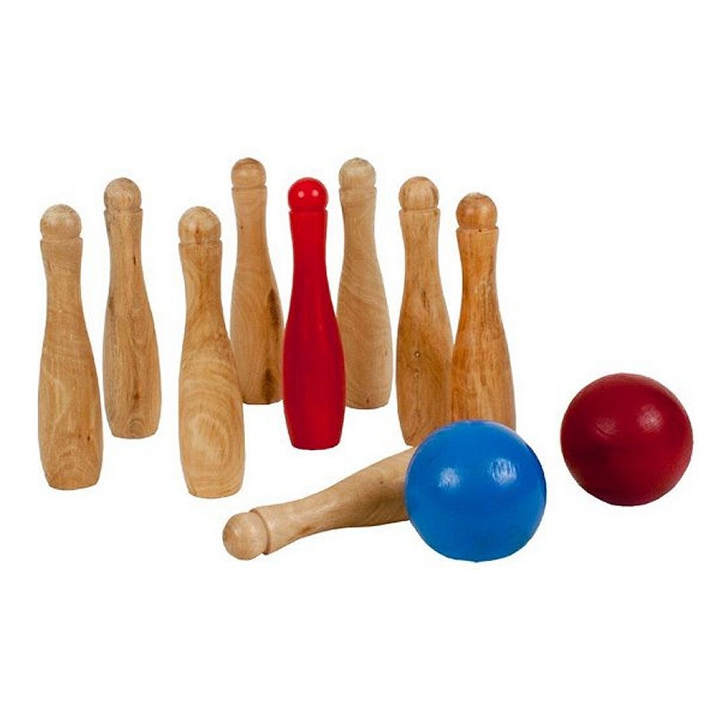 Outdoor play houten tuin bowlingset met 9 kegels en 2 ballen