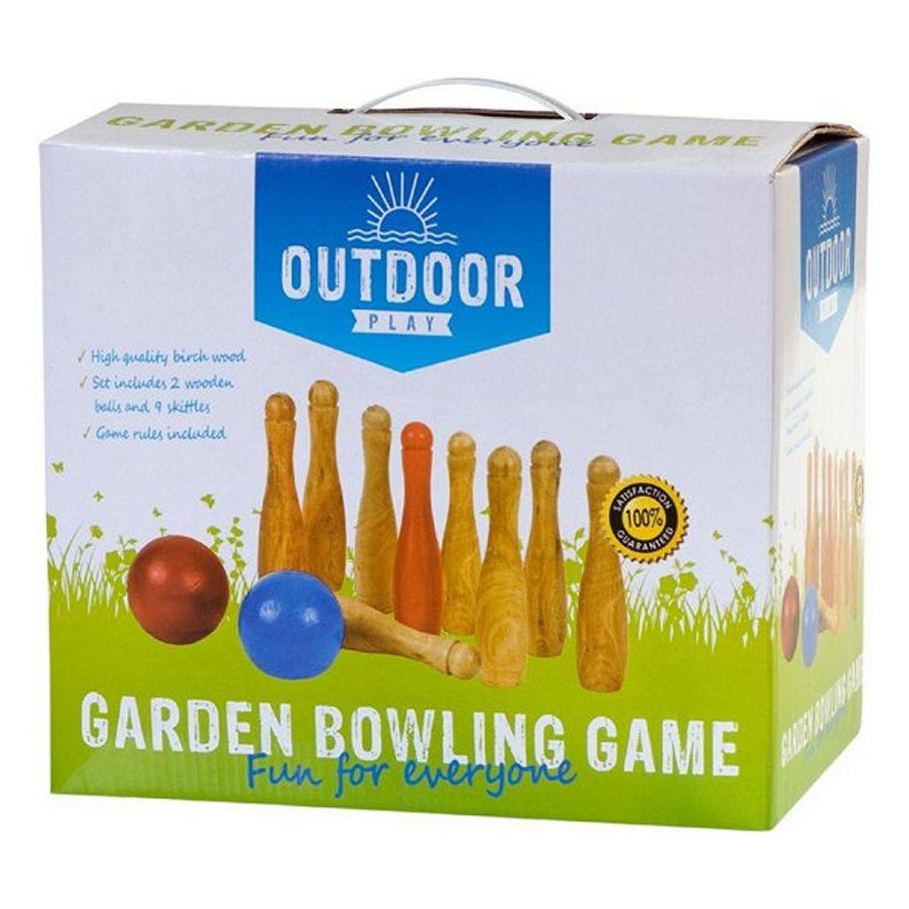 Outdoor play houten tuin bowlingset met 9 kegels en 2 ballen