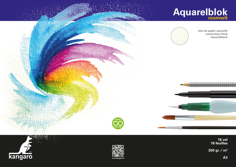 Kangaro k-5303 blok aquarelpapier a3 300 gr 16 vel, roomwit 3 zijden gelijmd