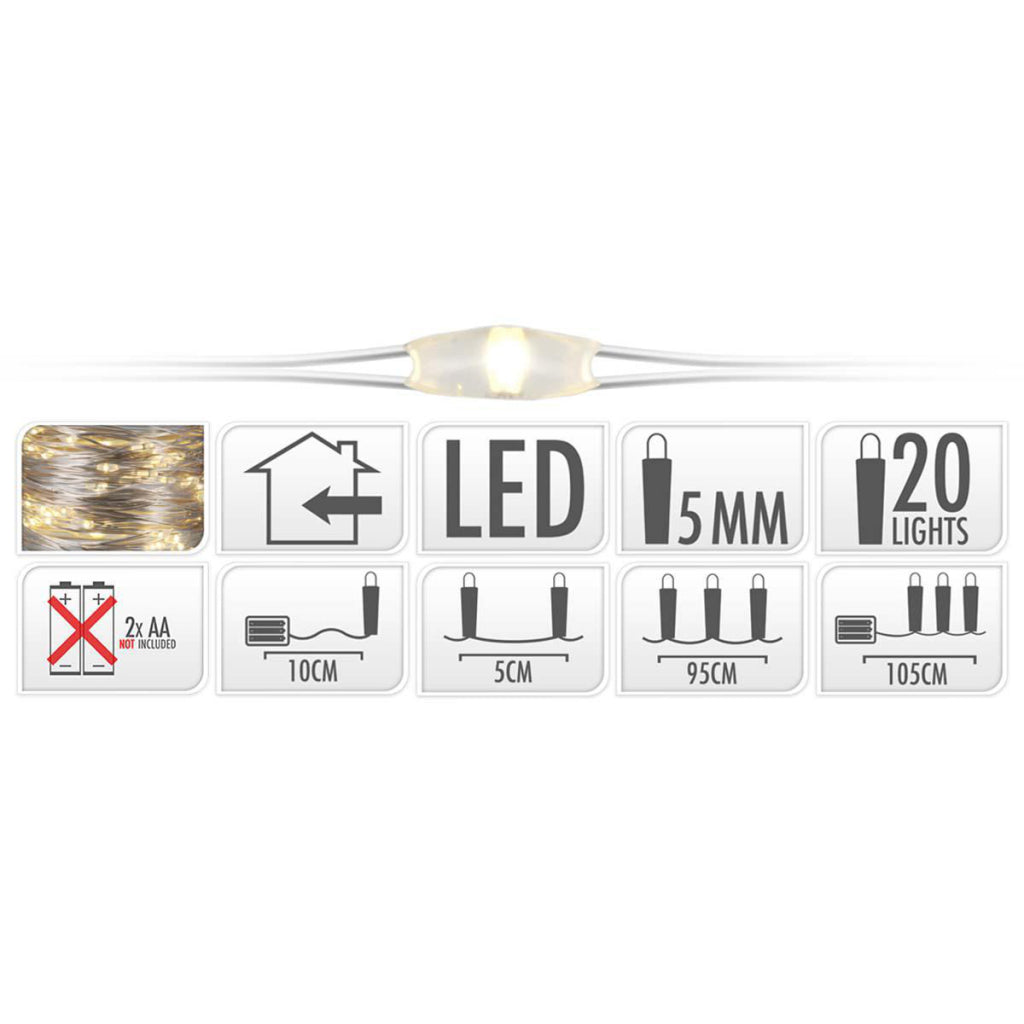 S.i.a. zilverdraad kerstverlichting op batterij 95cm 20 led lampjes