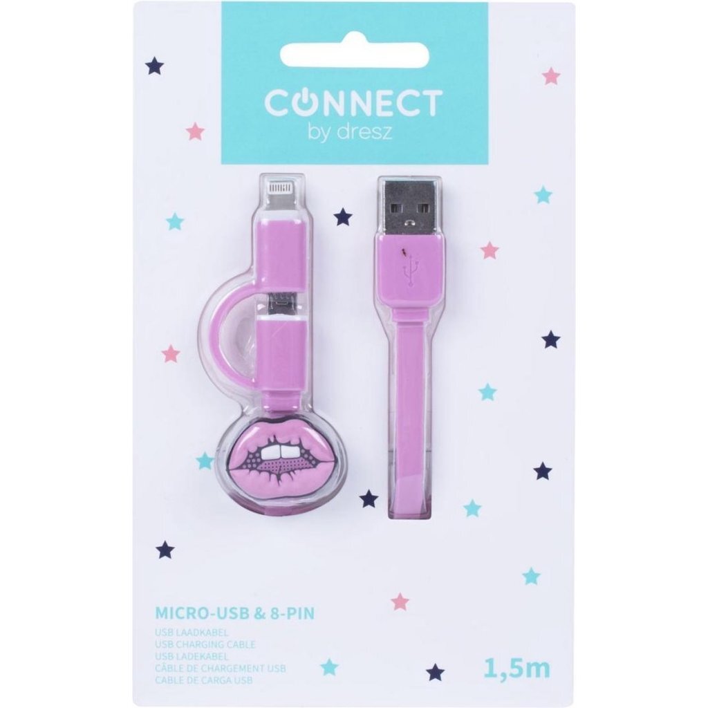 Kangaro k-58191006 dresz 2in1 micro-usb laadkabel + pin lippen roze