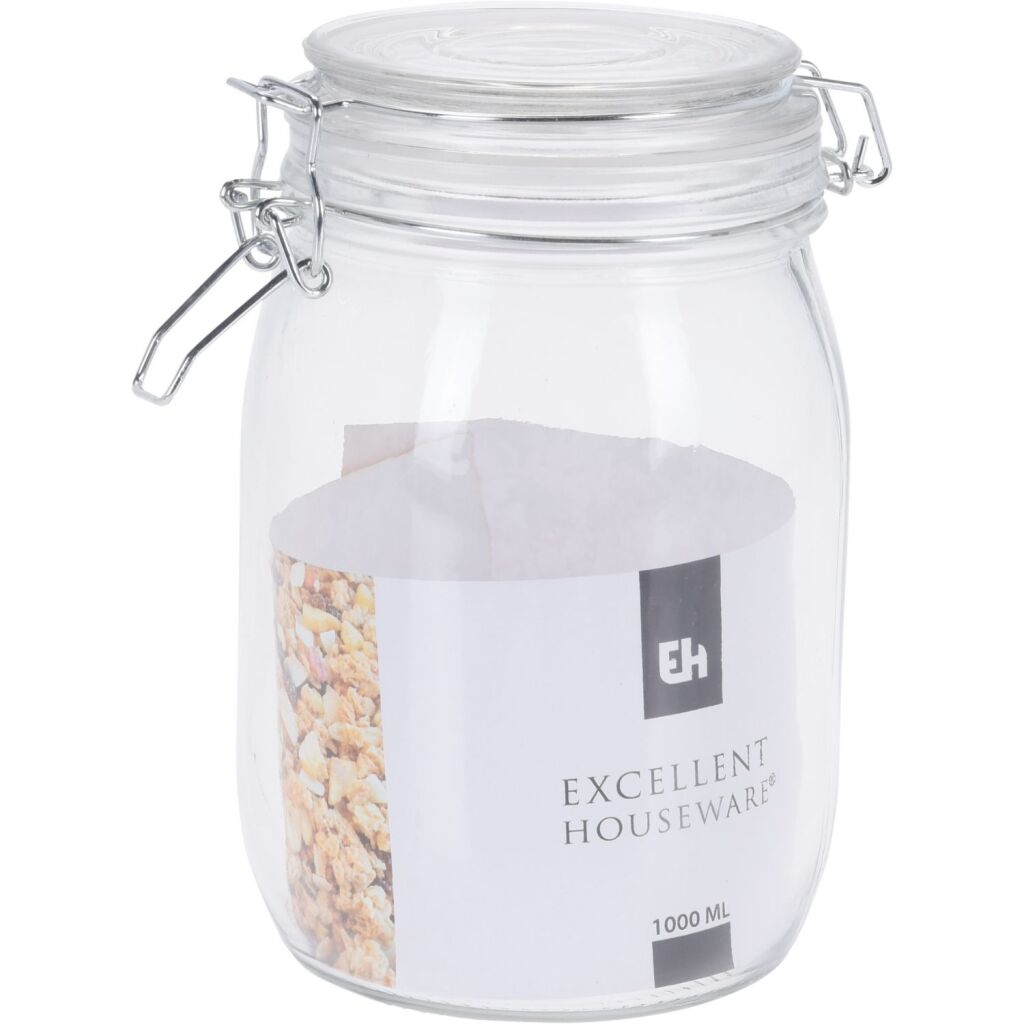 Excellent houseware glazen voorraadpot met klem 1l