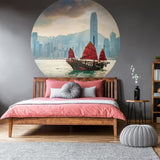 WallArt WallArt Behangcirkel Skyline met Junk Boat 142,5 cm