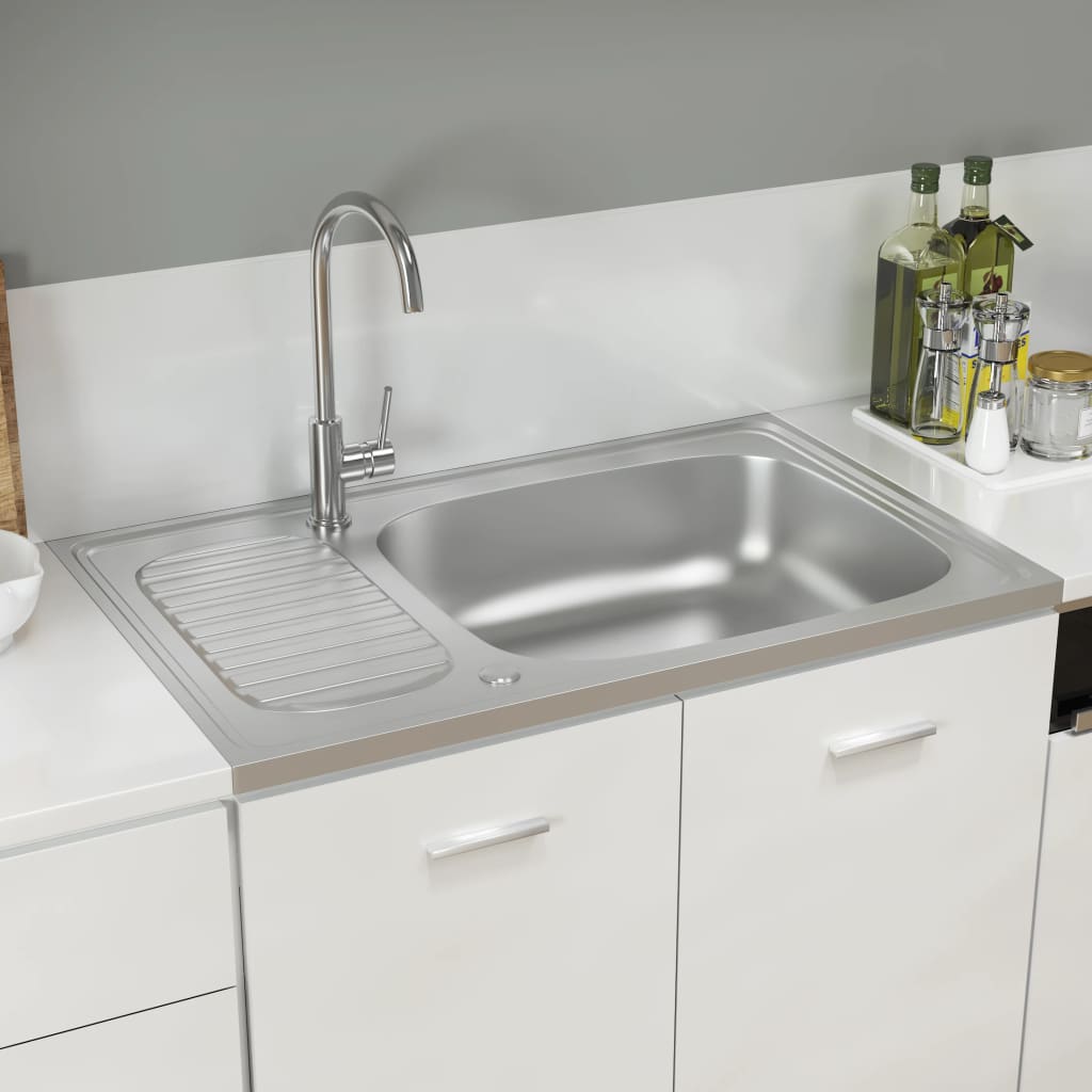VidaXL Gootsteen met afvoerset 800x500x155 mm roestvrij staal zilver