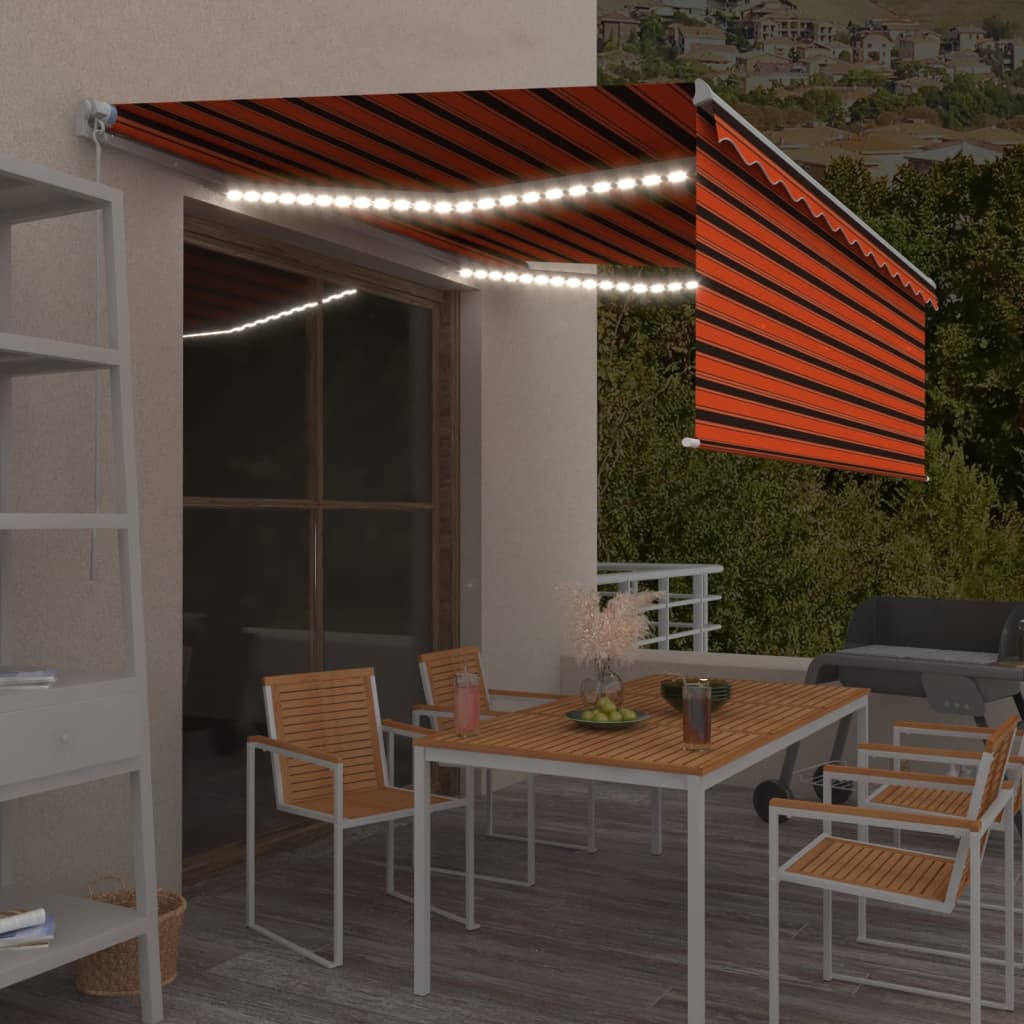 VidaXL Luifel handmatig uittrekbaar rolgordijn LED 4x3 m oranje bruin