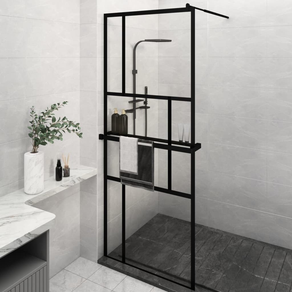 VidaXL Inloopdouchewand met schap 80x195 cm ESG-Glas aluminium zwart