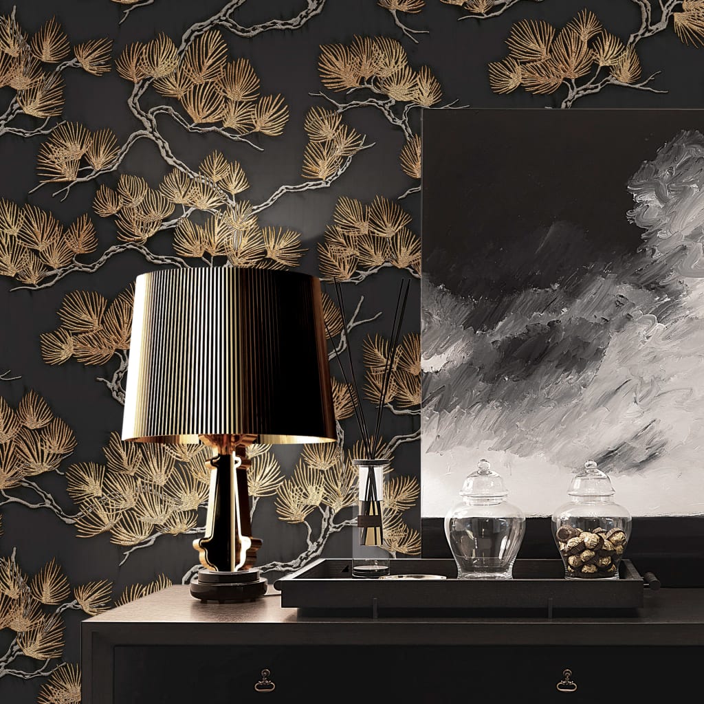 Dutch wallcoverings behang pine tree zwart en goudkleurig