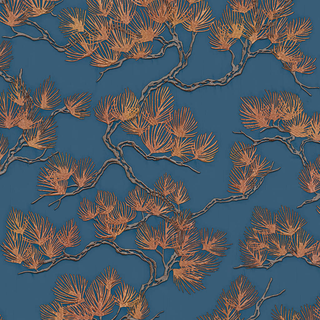Dutch wallcoverings behang pine tree goudkleurig en blauw