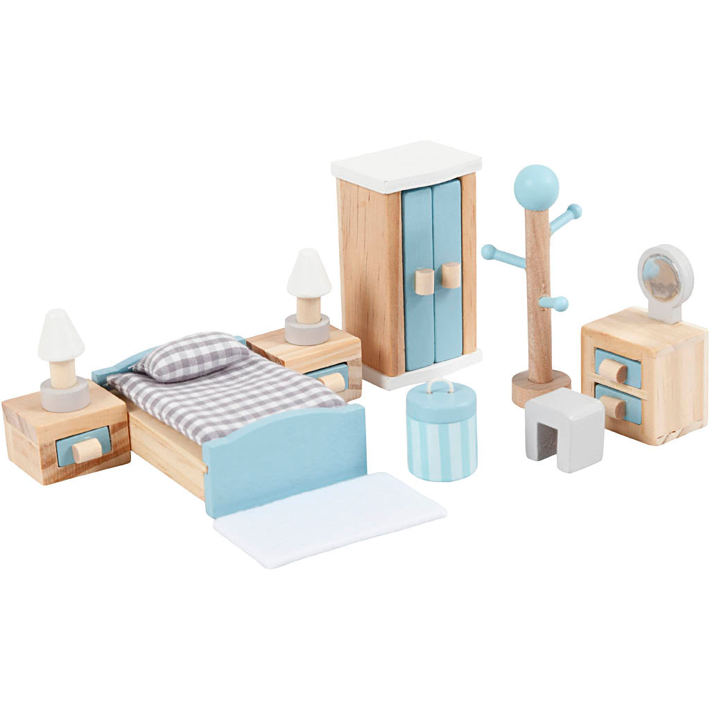 Viga meubilair voor poppenhuis, slaapkamer, afm 2x2x7,5 cm, 8 onderdelen 1 set