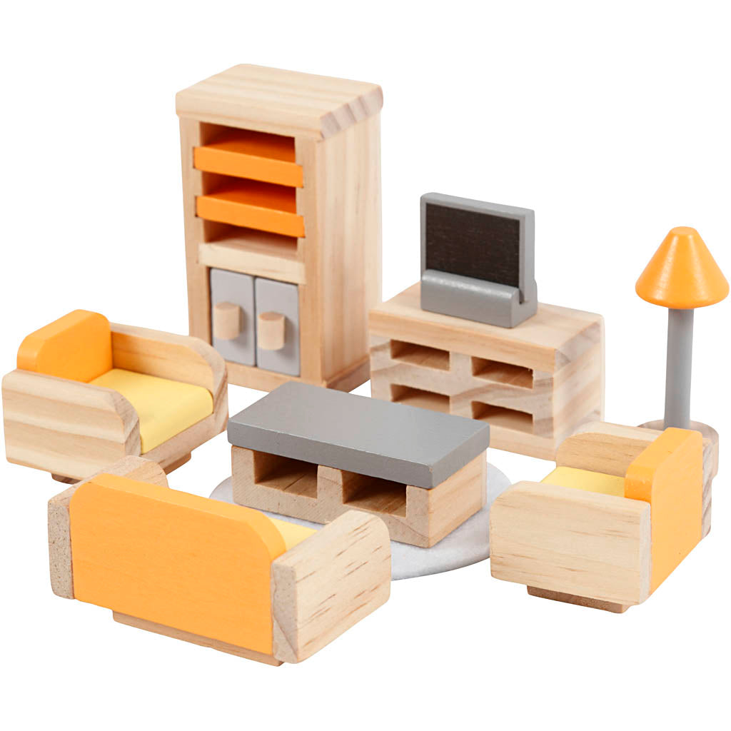 Viga meubilair voor poppenhuis, woonkamer, afm 2x2x7,5 cm, 8 onderdelen 1 set
